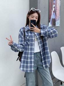 SHEIN Camicia a maniche lunghe casual, oversize, in stile retrò scolastico, blu e bianco, per ragazze adolescenti, in occasione del rientro a scuola