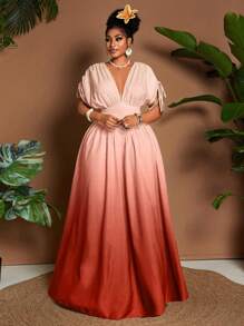 Maweii 优雅渐变印花设计系腰V领A字形休闲主教袖长裙，女式加大码，适合度假、海滩、音乐节、春夏季 - 彩色 - 查看 7