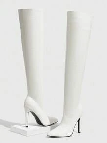 CUCCOO SZL 女士白色压花尖头超高细高跟鞋，性感俱乐部派对过膝长靴 - 白色 - 查看 9