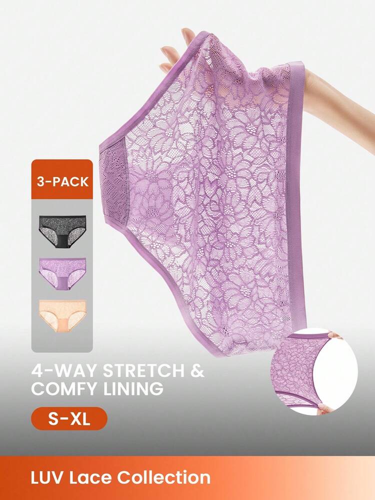3-Pack Mid-Waist Stretch Lace Briefs