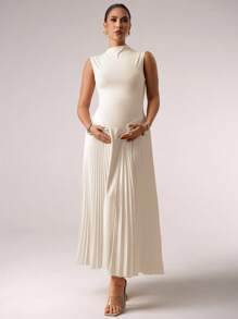 MaterniChic 孕妇纯色褶边无袖休闲连衣裙婴儿洗礼夏季服装孕妇装 - 杏色 - 查看 6