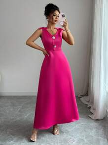 SHEIN Elenzya Đầm dài không tay màu trơn thanh lịch dành cho nữ, phong cách lãng mạn - Màu Hồng Tươi - Xem 3