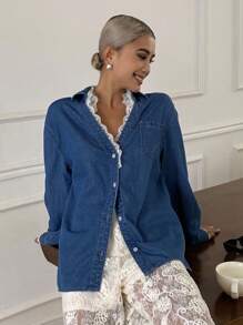 Livesso 女士牛仔上衣，领口和袖口饰有蕾丝花边，牛仔外套，秋季女装长袖 - 藍色 - 查看 5