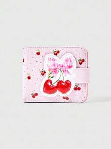 ROMWE Kawaii 1 pieza Billetera mini con decoración de moño a lunares de flores de cerezo rosa al azar, monedero con cremallera portátil, elegante y dulce bolsa pequeña para niña - Rosa - Ver 1