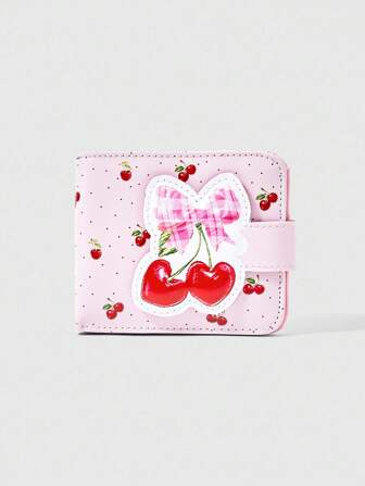 Kawaii 1 pièce Mini portefeuille rose à pois et nœud décoré de fleurs de cerisier aléatoires, porte-monnaie portable à fermeture éclair, petite pochette à la mode et mignonne pour fille