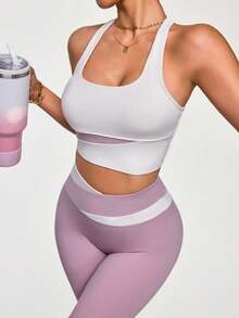 SHEIN Sports 女士拼色交叉后背运动文胸和高腰重叠紧身裤运动服套装健身套装健身紧身裤套装健身套装 - 紫丁香色 - 查看 5