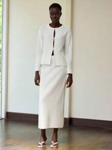 Lumivelle Women's Autumn Chinese Style Button-Up White Loose Cardigan Sweater Top & Fitted Skirt 2 Pieces Set