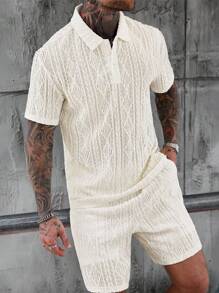 Manfinity CasualCool Men Solid Color Short Sleeve Polo Shirt And Shorts 2-Piece Set Cream Outfit Men Men Two Piece Set Summer Knit Two Piece Set Men,Men 2 Piece Set,Men Summer Outfits