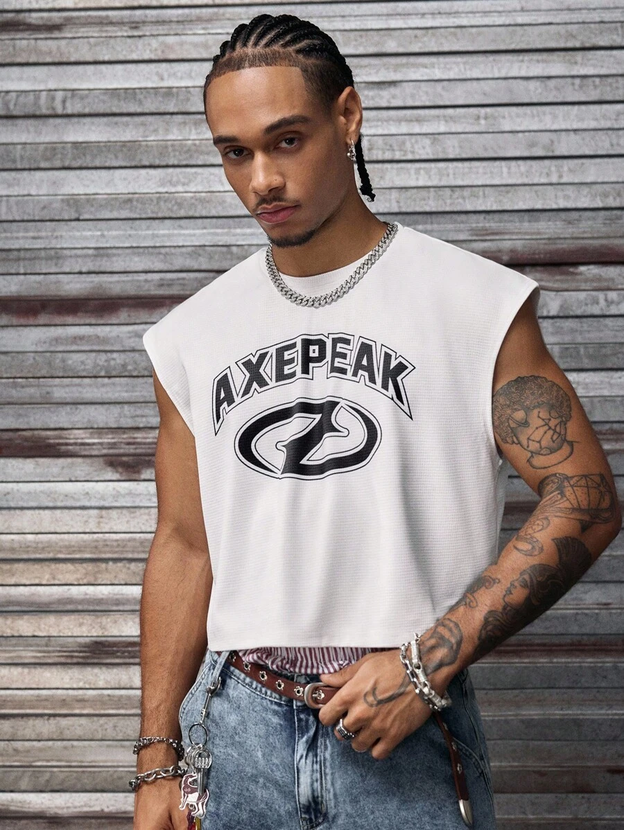 AXEPEAK Áo không tay nam màu trắng chất liệu vải dệt họa tiết, kiểu dáng rộng rãi, thoải mái, phong cách đường phố, in chữ. - trắng - Xem 1
