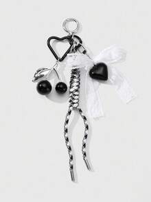 ROMWE Kawaii 1pc Delicate Gothic Style Black Resin Cherry, White Mesh Bow Braided Cord Acrylic Heart DIY Keychain, Phone Charm, Bag Decor, Suitable For Women, Girls, Daily Wear Or Gifts
