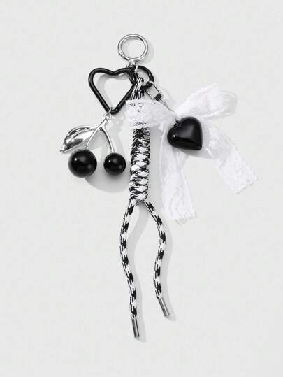 Kawaii 1pc Delicate Gothic Style Black Resin Cherry, White Mesh Bow Braided Cord Acrylic Heart DIY Keychain, Phone Charm, Bag Decor, Suitable For Women, Girls, Daily Wear Or Gifts