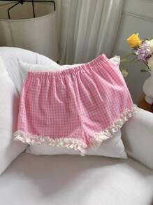 Comfortcana Damen Karoprint Volant Saum Farbblock Lässig Shorts