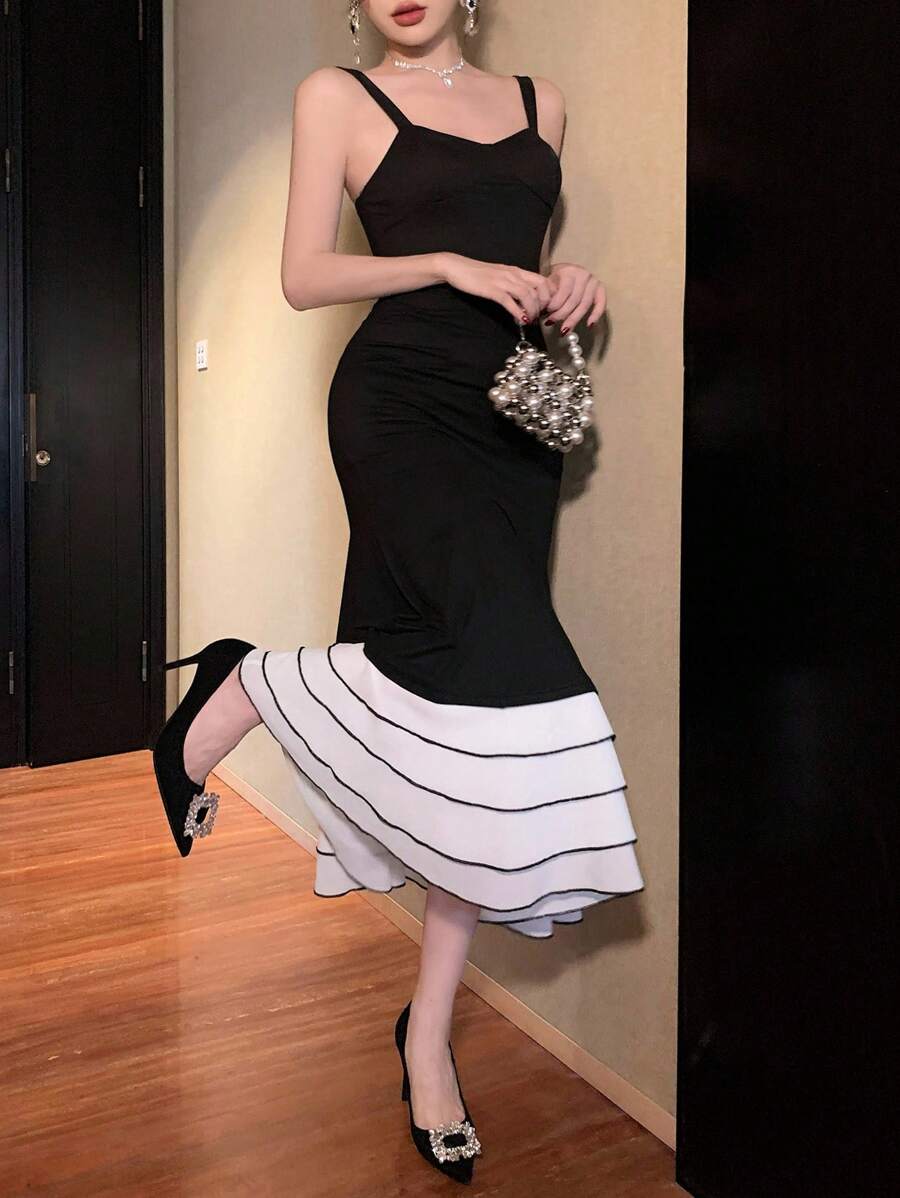 DAZY Elegant Square Neck Sleeveless Mermaid Hem Midi Dress For Women