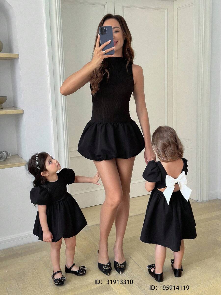 SHEIN Babygirl 可爱夏季优雅黑色宽松短袖连衣裙，母子装（2 件单独出售）