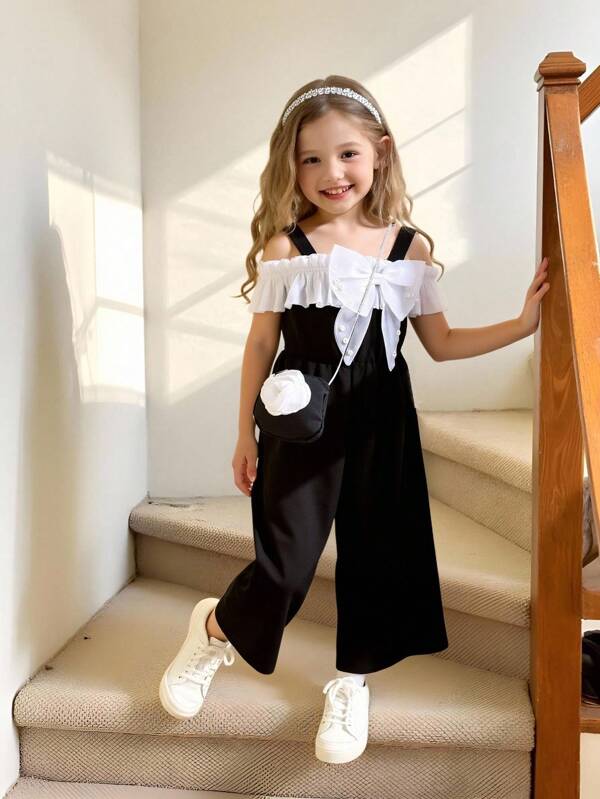 SHEIN Young Girl One-Piece Pearl Lace Trim Bowknot Camisole Jumpsuit With Matching Stylish Crossbody Bag, Fashionable & Sweet