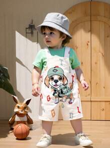 SHEIN 男婴幼儿 0-3 岁可爱小狗印花连体衣搭配苹果绿 T 恤套装，可爱春夏装 - 綠色 - 查看 9