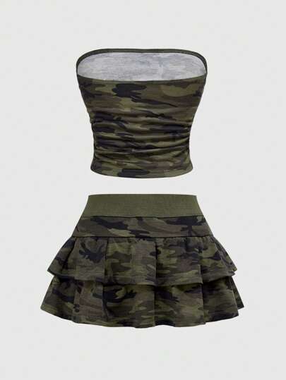 J-Fashion Plus Size Camouflage Print Bandeau Top And Ruffle Hem Skirt 2 Pieces Set