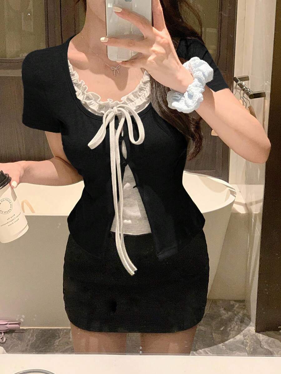 DAZY 女式夏季二合一荷叶边蝴蝶结袖T恤 - 黑色 - 查看 1