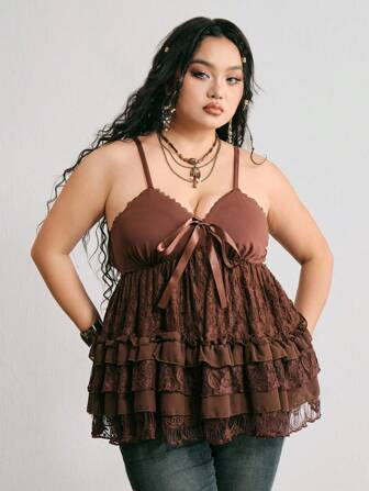 Fairycore Débardeur grand taille Élégant à Bretelles Volantées et Empiècements en Dentelle, Été