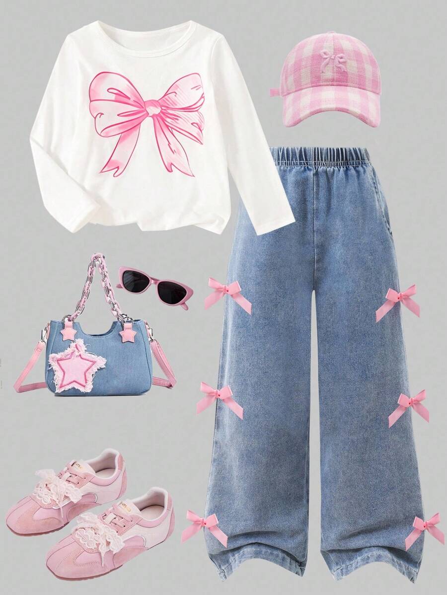 SHEIN ChillGRL 两件套女童蝴蝶结印花长袖T恤和3D蝴蝶结牛仔裤套装，休闲时尚，适合春秋冬季穿着。