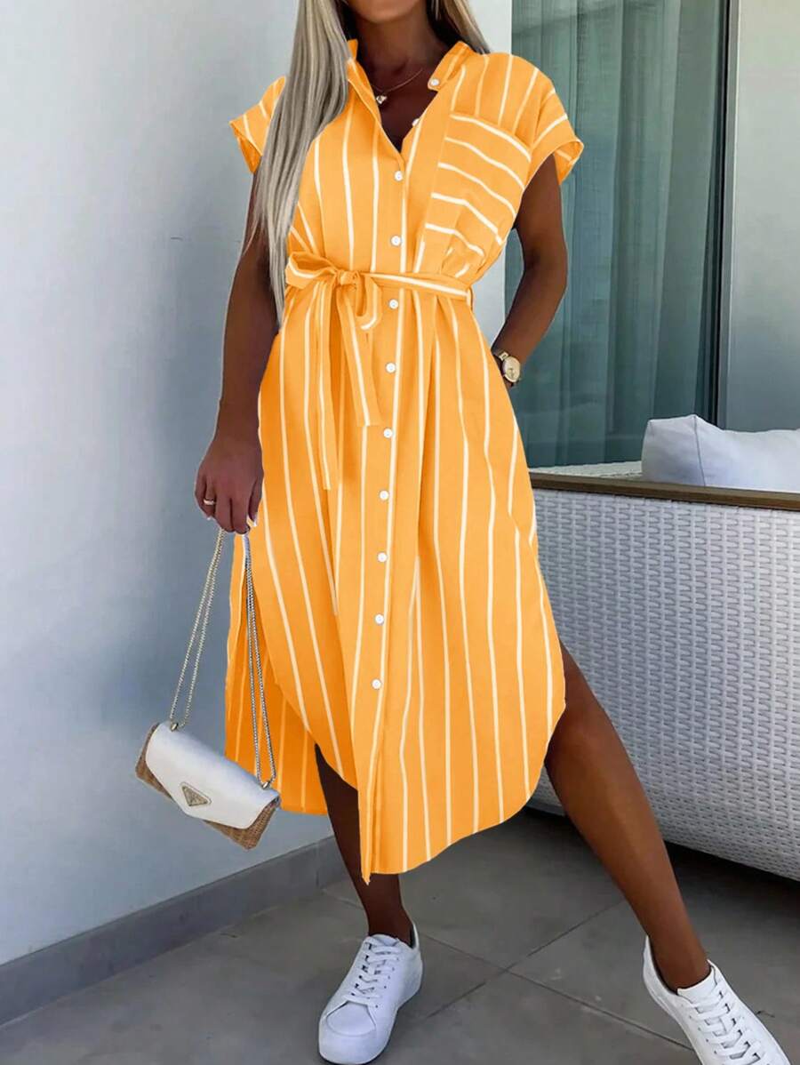 Chiquease 女士条纹蝙蝠袖短袖单排扣休闲长裙，夏季长款女装 - 黃色 - 查看 1