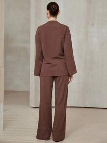 Aveloria Modichic 2pcs Set Solid Color Kimono Style V-Neck Bowknot Tie Side Long Sleeve Top And Pants Fall Cloth For Women