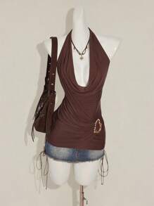 SHEIN ICON Damen Wasserfallausschnitt Metallbesatz Offener Rücken Neckholder Top Braun Neckholder Top Braun Wasserfallausschnitt Top Braun Top Braun Kleidung