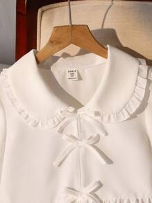 Tween Girls' White Fashion Elegant Cute Blouse For Tea Party School,Autumn Long Sleeve Casual Shirt With Frill Collar Decorative Bow,Minimalist - White - View 4