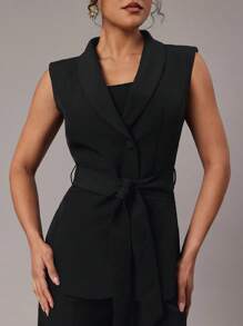 Silquee Chaleco sin mangas de oficina o para ir al trabajo, de unicolor simple, con cuello redondo y cinturón para mujer - Negro - Ver 11
