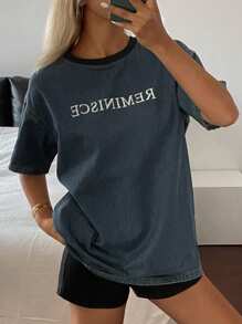 Livesso 女式夏季休闲字母图案圆领短袖牛仔上衣 - 藍色 - 查看 3