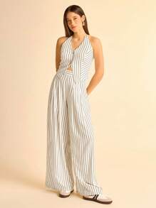 CAJUNI Women's Holiday Beige And Black Striped ,Relaxed Fit Wide Leg Casual Pants, Suitable For Travel And Commute,Pantalones De Mujer,Pantalones,Summer Pants,Bolero,Pantalones Cortos,Pantalones De Vestir Mujeres,Trousers,Pantalón De Vestir,Pantalones Mujer,Pantalón De Vestir Mujer