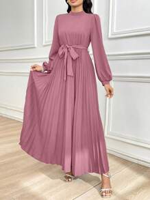 Modelyn Mock Neck Long Lantern Sleeve Pleated Hem Belted Modest Dress Long Evening Dresses - Pink - View 6