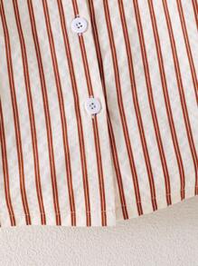 Young Girls Casual Khaki Striped Textured Turndown Collar Long Sleeve Shirt, Fashionable Top For Commute, Autumn - Khaki - View 6