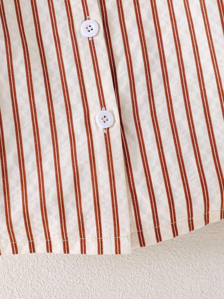 Young Girls Casual Khaki Striped Textured Turndown Collar Long Sleeve Shirt, Fashionable Top For Commute, Autumn - Khaki - View 6