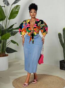 Maweii 大码热带印花泡泡袖休闲假日衬衫 - 黑色 - 查看 2