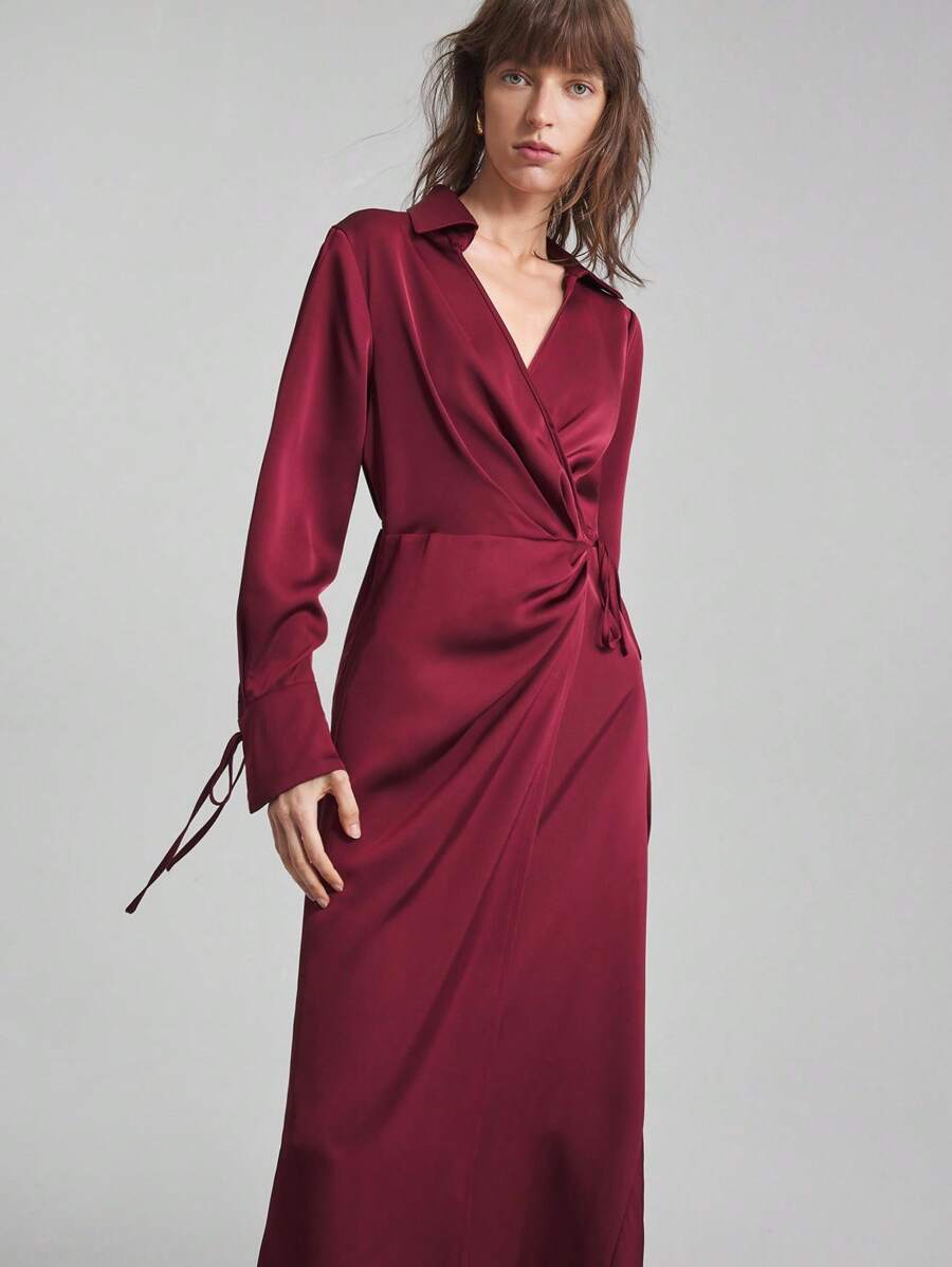 Ontre 2025新款秋季女装酒红色长袖系带领V领收腰宽松休闲通勤商务中长连衣裙，女士商务休闲连衣裙，女士优雅装 - 酒紅色 - 查看 1