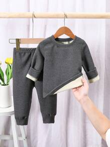 Baby Boys Casual Thermal Lined Long Sleeve Round Neck T-Shirt & Elastic Waist Pants 2 Pieces Set, Suitable For Spring, Autumn And Winter, For Home, Outdoor And School Wear