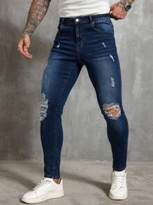 Manfinity Homme Men's Casual Daily Washed Distressed Slim Fit Straight Leg Jeans With Slant Pockets - Medium Wash - View 1