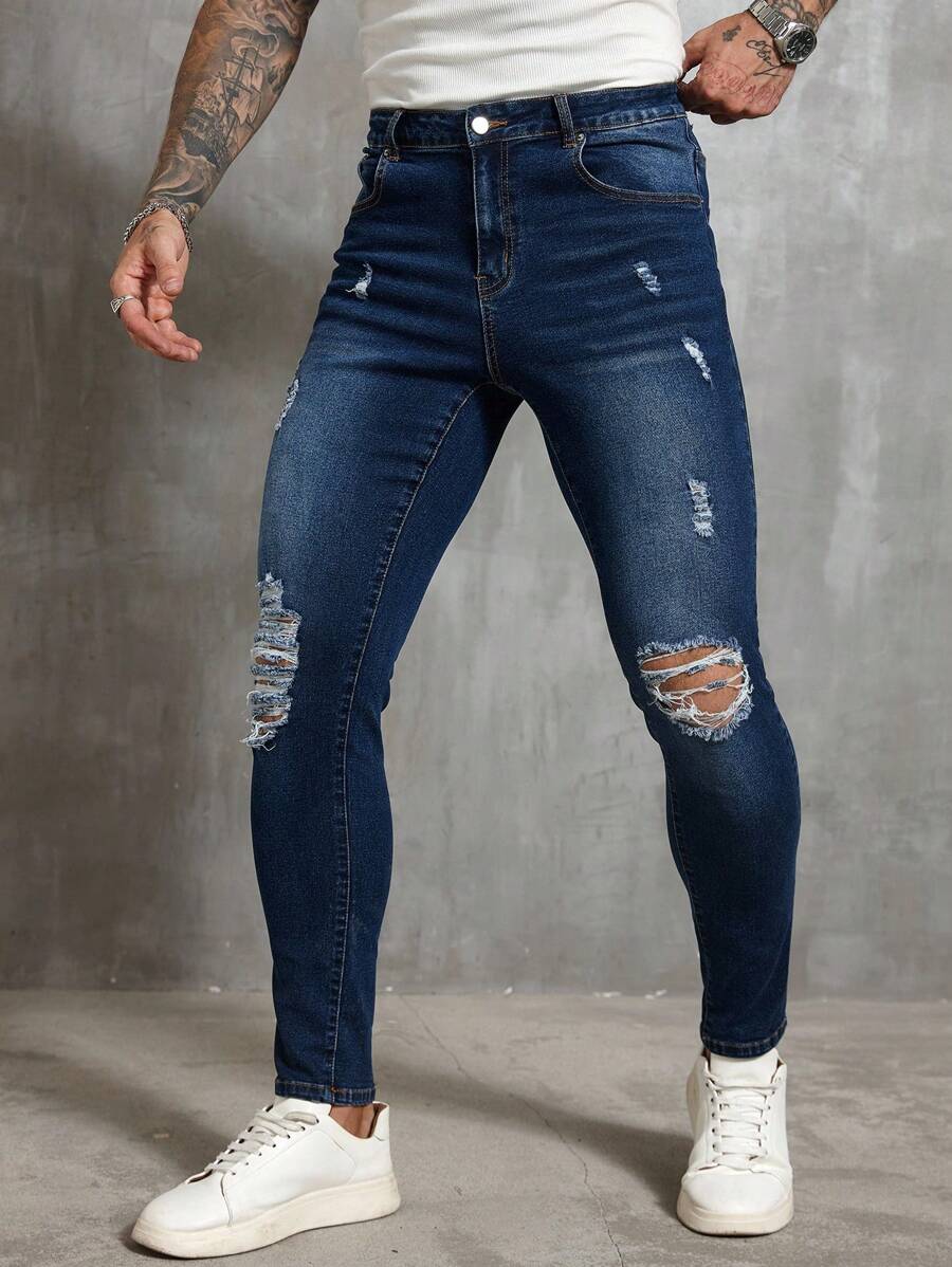 Manfinity Homme Men's Casual Daily Washed Distressed Slim Fit Straight Leg Jeans With Slant Pockets - Medium Wash - View 1