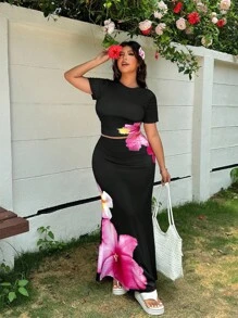GalTyme 大码女式两件套花卉图案度假风格服装 - 黑色 - 查看 6
