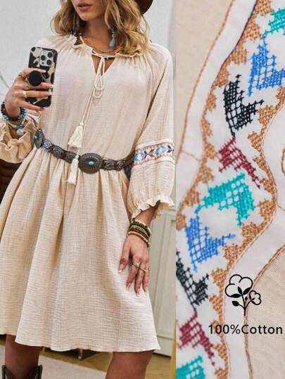 LanaWest New Casual Vacation Boho Fringe Tie-Up Raglan Sleeve Pleated Loose Fit A-Line Short Dress