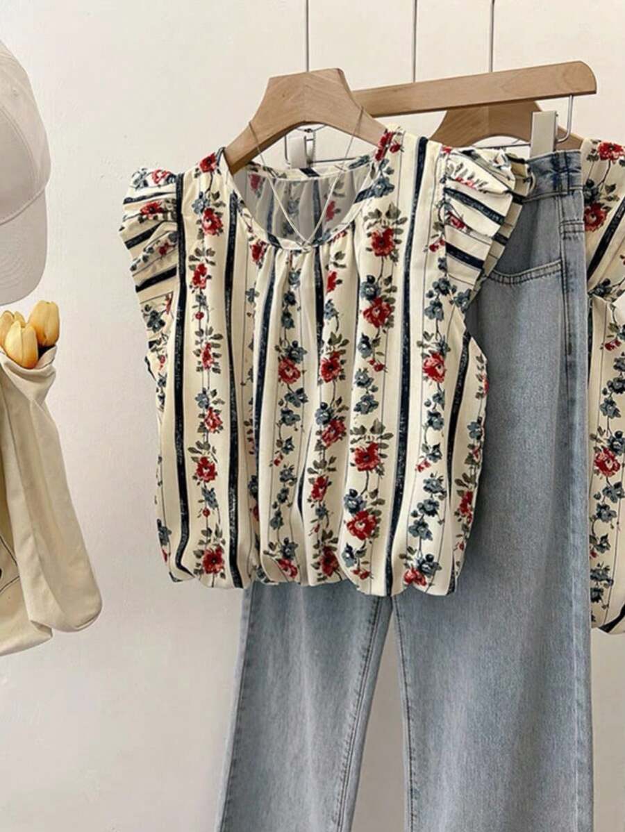 Franclia 法式碎花盖袖圆领垂坠面料夏季衬衫