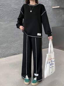 SHEIN 少女撞色针织宽松卫衣和阔腿裤两件套，开衩设计，休闲街头风开学装 - 黑色 - 查看 2