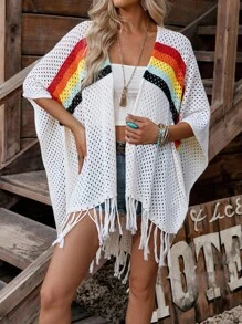 LanaWest Cardigan Casual Feminino de Tricô Aberto Fino com Listras Arco-íris e Vazado - Damasco - Visão 6
