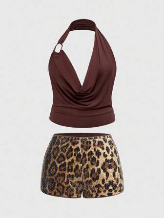 Grunge Punk Y2K Sexy Set For Festivals: Plus Size Plunging Neck Tank Top And Leopard Sequin Mini Shorts
