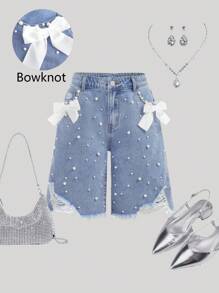 SHEIN Girlism Teen Girls' Elegant Light Washed Distressed Bowknot Baggy Denim Shorts With Pocket Insert, Faux Pearl, Summer - Dark Wash - View 1