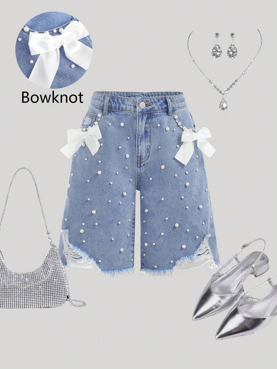 SHEIN Girlism Teen Girls' Elegant Light Washed Distressed Bowknot Baggy Denim Shorts With Pocket Insert, Faux Pearl, Summer - Dark Wash - View 1