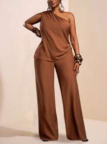 Veslaya 2025新款夏季休闲优雅度假日常约会通勤生日派对沙滩度假单肩斜下摆金属装饰上衣+阔腿裤超长裤棕色梭织面料女加大两件套-B