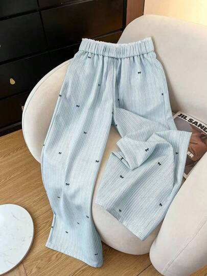 SHEIN 大码条纹蝴蝶结蕾丝拼布阔腿休闲裤