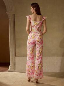 MOTF PREMIUM 全身花卉印花撞色蕾丝花边荷叶边袖窿喇叭腿连体裤 - 粉色 - 查看 4